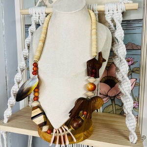 Vintage African Tribal Style Necklace‎ Wood and Shell Beaded Multicolor Boho